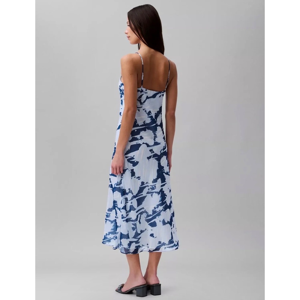 CALVIN KLEIN Slip Midi Dress Blue White NEW Beach Casual Spring Lightweight - Picture 6 of 11